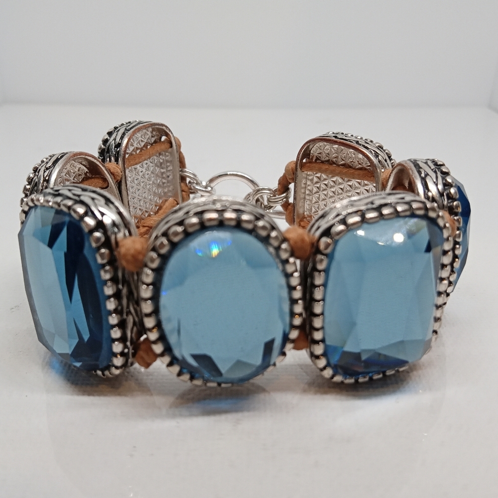 7.5" Chunky Faceted Blue Topaz 7 Sones 3 Oval 3 Square Bracelet Leather Strap